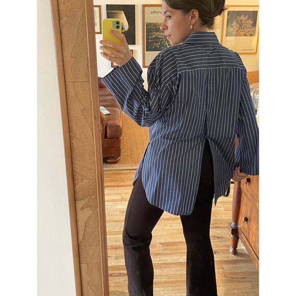 Lafayette 148 Oversized Striped Poplin Button Down Shirt - Picture 2 of 9